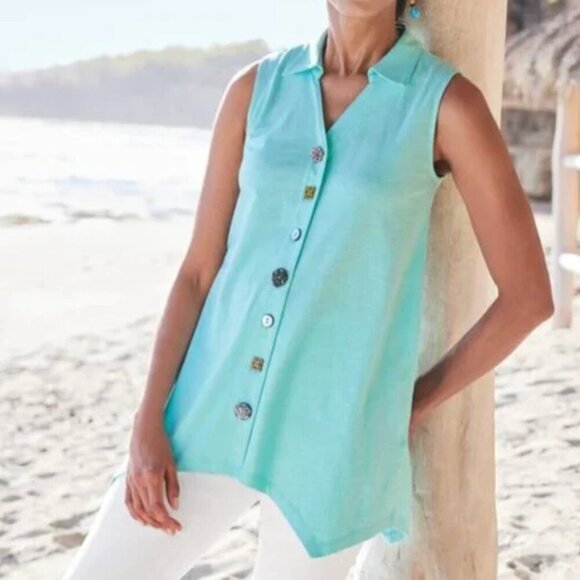SOFT SURROUNDINGS Danielle Button Tank Aqua Blue Sleeveless 100% Cotton Top XS - Picture 3 of 14